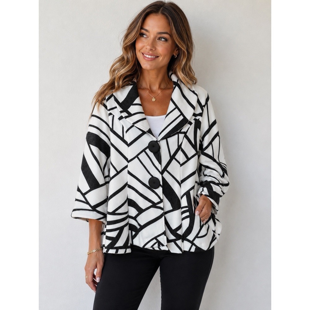 Damee Inc Zebra Print Jacket Womens XL White Black Button Artsy Lagen